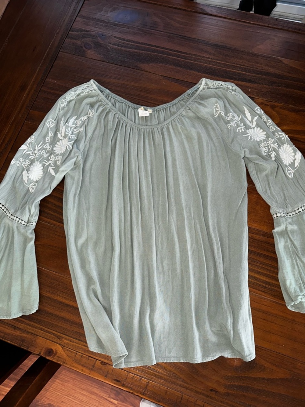 Sweet Magnolia Embroidered Sage Green Peasant Tunic Top